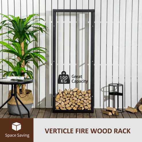 HOMCOM Metal Firewood Log Holder Tall Firewood Rack Indoor Outdoor Fireplace Wood Storage Shelf with Side Rails, Rust-Resistant, Black, 60W x 25D x 150H cm