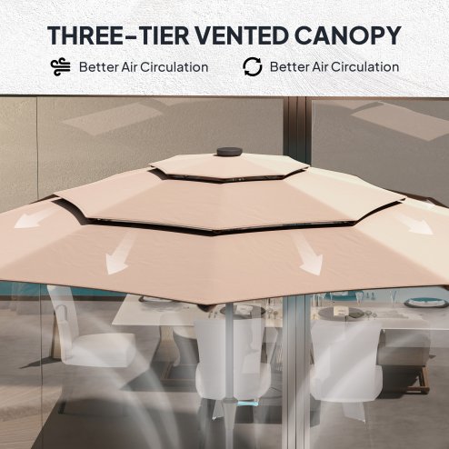 Outsunny 2.6 m Garden Parasol with Solar LED Lights, 3-Tier Patio Umbrella Outdoor with Tilt Mechanism & Crank Handle, UPF 30+, Table Umbrella for Market Terrace, Khaki
