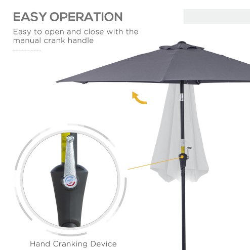 Outsunny 2.6M Garden Parasol Umbrella with Tilt and Crank, Outdoor Sun Parasol Sunshade Shelter with Aluminium Frame, Grey