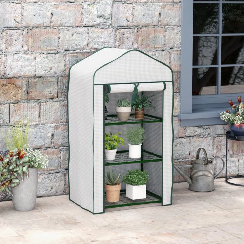 Outsunny 3 Tier Mini Greenhouse with Reinforced PE Cover, Portable Indoor Outdoor Greenhouse with Roll-up Door and Wire Shelves, 127H x 59W x 39D cm, White