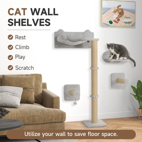 PawHut Cat Shelves, 4 Piece Cat Wall Furniture with Scratching Post, Steps, Jumping Platform, Ladder, Toy Balls, for Indoor Kittens, Light Grey