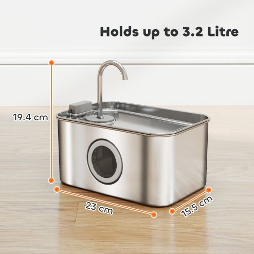 PawHut Cat Water Fountain for Drinking, 3.2L Stainless Steel Cat Fountain, Ultra-Silent, Automatic, Visible Water-Level, for Kittens, Dogs and Other Pets