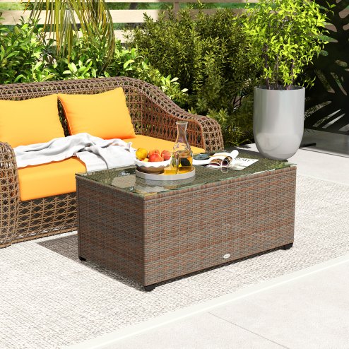 Outsunny Outdoor Coffee Table, PE Rattan Side Table with Tempered Glass Top, Wicker Rectangular Garden Coffee Table End Table with Steel Frame for Patio, Balcony, 90 x 50 x 38cm, Brown