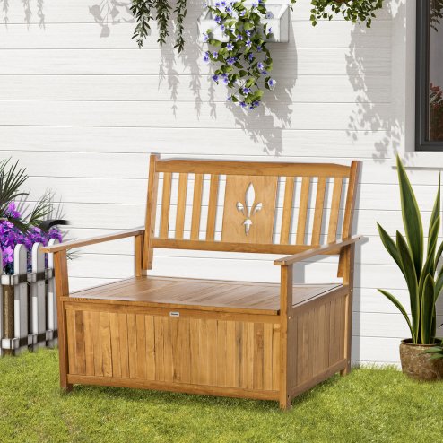Outsunny 2 Seater Garden Storage Bench, 164L Outdoor Storage Box with Backrest Flower Pattern, Wooden Garden Bench with Armrests, 125 x 68.5 x 97cm, Natural