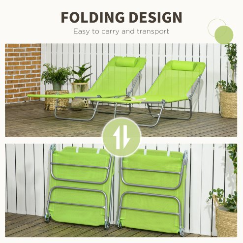 Outsunny Set of 2 Outdoor Foldable Sun Loungers, Adjustable Backrest Garden Recliner Sun Lounger Chair with Headrest Pillow, Green
