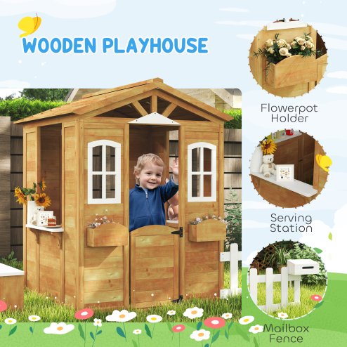 Outsunny Wooden Playhouse for Kids Outdoor Wendy House with Door, Windows, Mailbox, Flower Pot Holder, Serving Station, Bench for Children, Toddlers, Yellow