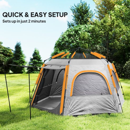 Outsunny Instant Pop Up Camping Tent, 2/3/4 Person Easy Setup Dome Family Tent with Vestibule, Rainfly, 4 Mesh Windows & 2 Doors, Hexagonal Design, Waterproof & UV Protected, Light Grey