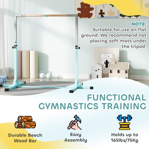 HOMCOM Height Adjustable Gymnastics Horizontal Bar For Kids Home Gym Training Children Junior Kip High Bar Fitness, Light Blue