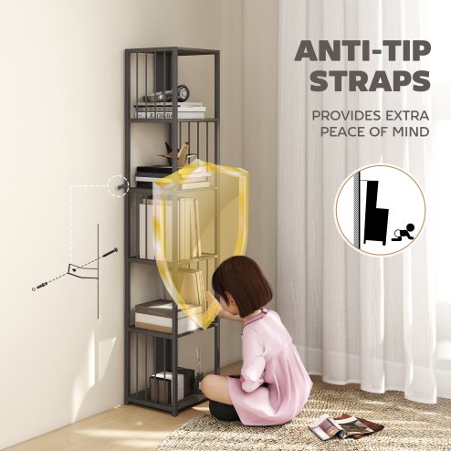 HOMCOM 5-Tier Bookshelf, Modern Tall Bookcase with Steel Frame, Freestanding Display Storage Unit for Living Room, Bedroom, Study, Home Office, Grey