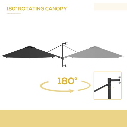 Outsunny 3 M Wall Mounted Garden Parasol Umbrella with Rotate, Outdoor Market Umbrella Sun Shade Canopy with 8 Ribs, Charcoal Grey