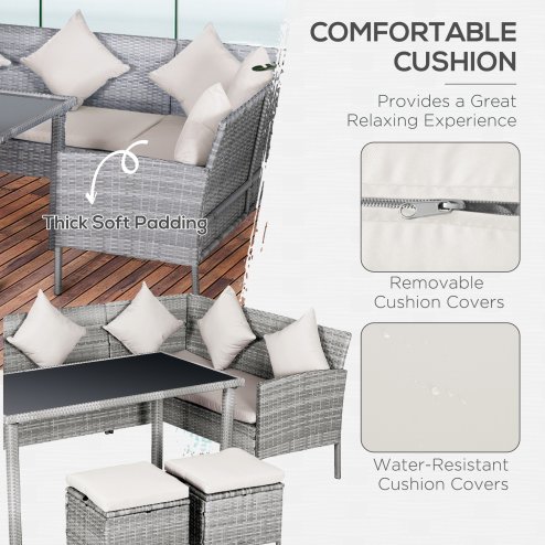 Outsunny 5 Pieces Rattan Garden Furniture Set, 6 Seater Wicker Dining Set, Corner Garden Sofa Outdoor Furniture Set with Glass Top Table, Footstool and Cushions for Patio, Beige