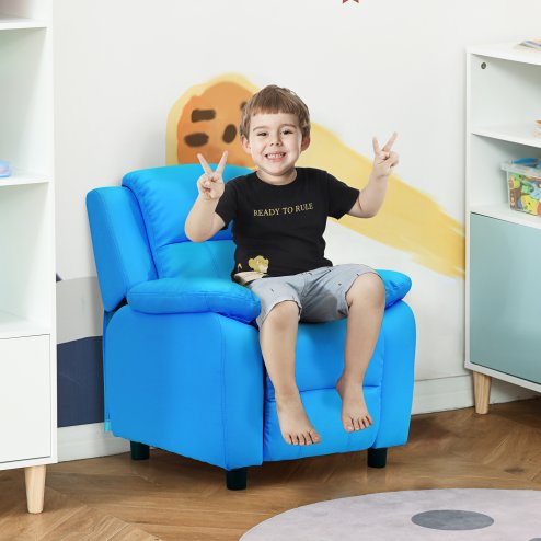 HOMCOM Kids Children Recliner Lounger Armchair Games Chair Sofa Seat PU Leather Look w/ Storage Space on Arms (Blue) Image