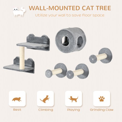 PawHut 5Pcs Cat Wall Furniture with Perch, Cat House, Scratching Post, Wall-Mounted Cat Tree for Indoor Cats - Grey
