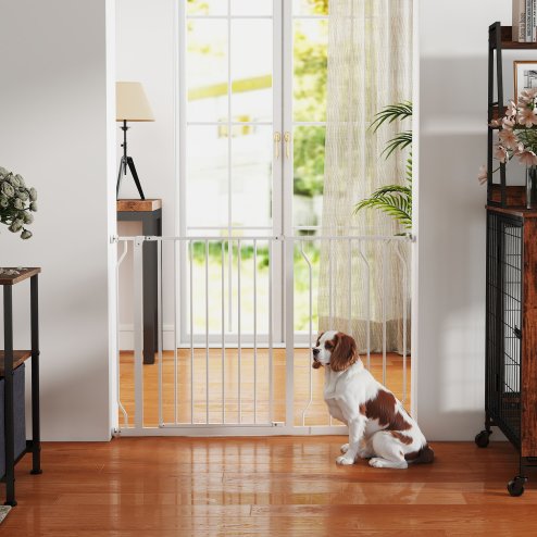 PawHut Dog Gate Wide Stair Gate w/ Door Pressure Fit Pets Barrier for Doorway, Hallway, 76H x 75-115W cm - White