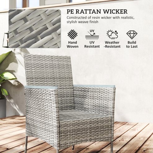 Outsunny Rattan Dining Set, 4 Seater Rattan Garden Furniture Set with 50mm Parasol Hole, Outdoor Garden Table and Chairs with Cushions, Slatted Wood Tabletop for Patio, Conservatory, Grey