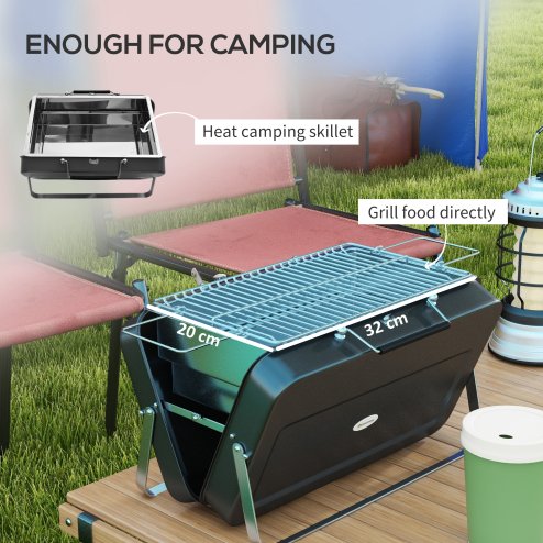 Outsunny Portable Mini Charcoal Barbecue Grill with Suitcase Shell, Outdoor Folding Tabletop BBQ Grill for Garden Camping Picnic Party, Black