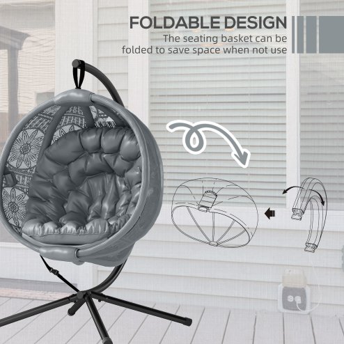 Outsunny Outdoor Hanging Chair, Swing Chair with Metal Stand, Thick Padded Cushion, Foldable Basket and Side Pocket, for Indoor and Outdoor, Charcoal Grey