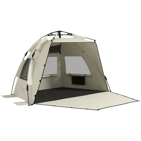 Outsunny Pop Up Tent Beach Tent for 2-3 Person, UPF15+ Easy Set Up Sun Shelter with Extended Floor, Sandbags, Mesh Windows and Carry Bag, Khaki