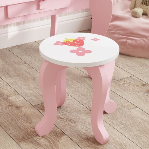 AIYAPLAY Kids Dressing Table Set, Two-Piece Children Vanity Table with Stool, Mirror, Drawer, Desktop Storage, Strawberry-Theme Makeup Desk, Chair, Pink