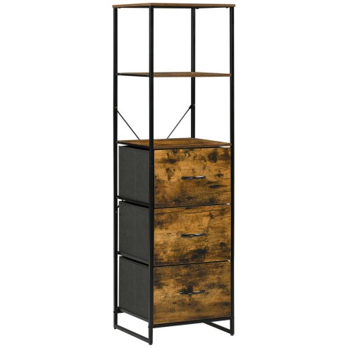 HOMCOM Industrial Storage Cabinet with 2 Open Shelves and 3 Foldable Fabric Drawers, Multifunctional Bookshelf in Living Room, Study, Bedroom, Rustic Brown Image