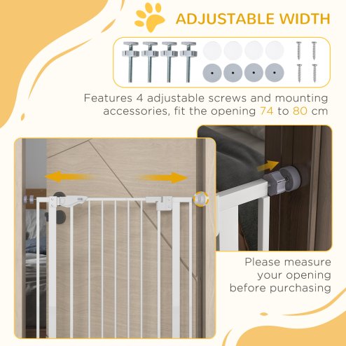 PawHut Extra Tall Dog Gate with Cat Flap, Pet Safety Gate for Doorways Stairs with Auto Close Double Locking, 104 cm Tall 74-80 cm Wide, White