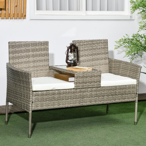 Outsunny 2 Seat Rattan Garden Bench, Patio Wicker Chair with Glass Tea Table, Outdoor Love Seat with Padded Cushions, for Garden, Porch, Mixed Grey/Cream White Image
