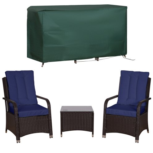 Outsunny 3 Pieces Rattan Bistro Set with Furniture Cover, Wicker Garden Furniture Set, Glass Top Coffee Table and Chairs with Cushions for Outdoor, Patio, Balcony, Dark Blue