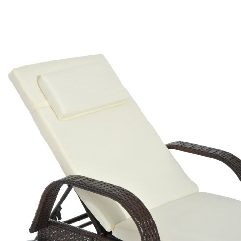 Outsunny Rattan Sun Lounger, Garden Lounger Recliner with Wheels and Adjustable Backrest, Outdoor Reclining Sunbed Garden Chair with Cushion and Headrest for Patio, Beach, Terrace, Brown