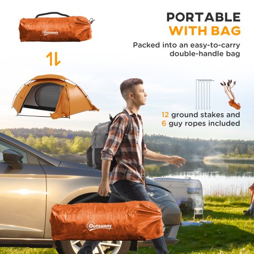 Outsunny 1-2 Man Camping Tent, Dome Tent with Removable Rainfly and Aluminium Frame, 2000mm Waterproof, Portable with Bag, for Fishing Hiking Festival, Orange