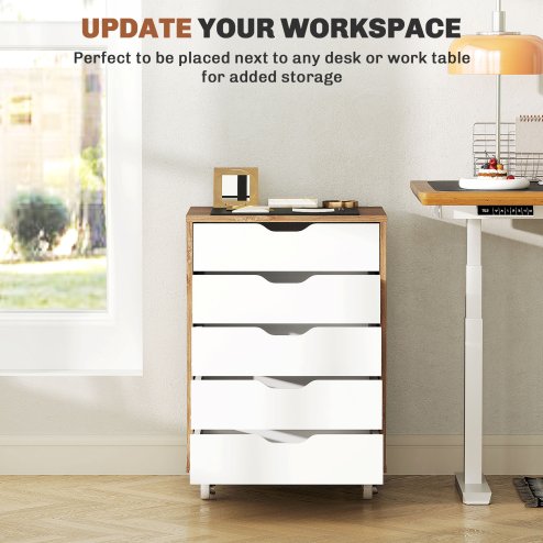 Vinsetto Vertical Filing Cabinet, 5-drawer File Cabinet, Mobile Office Cabinet on Wheels for Study, Home Office, Oak