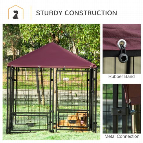 PawHut Outdoor Dog Kennel with Rotating Bowl Holders, Dog Run with Water and UV-Resistant Cover for Medium & Small Dogs, Red