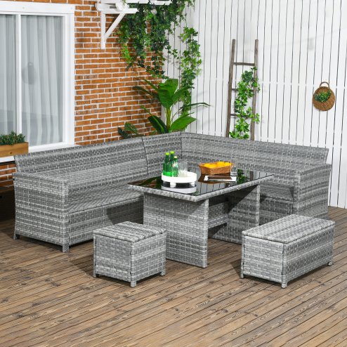 Outsunny 5 Pieces PE Rattan Garden Furniture Set with Corner Sofa, Patio Sofa Set with Glass Table, Stools, Cushions, for Poolside, Mixed Grey