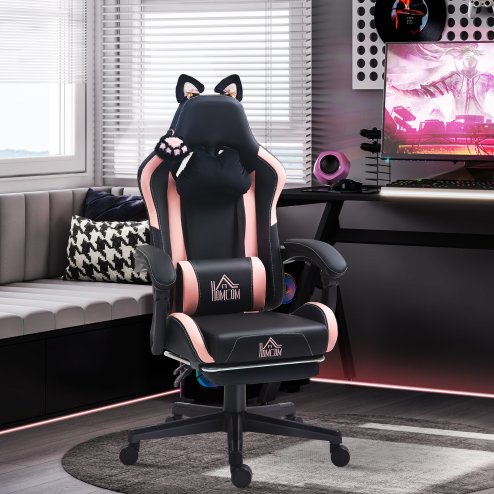 HOMCOM Gaming Chair for Adults with Cat Ears, Reclining Computer Chair with Footrest, Faux Leather Game Chair with Lumbar Support and Headrest, Height Adjustable Swivel PC Chair, Black Image