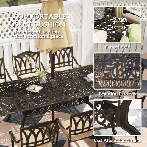 Outsunny 9 Pieces Cast Aluminium Garden Dining Set, 8 Seater Garden Table and Chairs with Parasol Hole, Outdoor Garden Furniture Set with Cushions for Patio, Bronze Tone