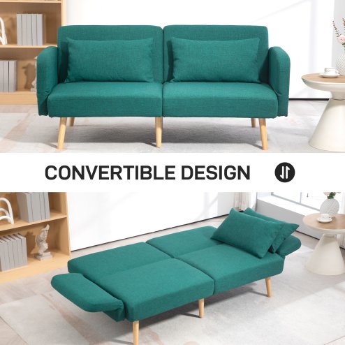 HOMCOM Click Clack Sofa Bed, 3 Seater Sofa, Convertible Bed Settee, Modern Fabric Loveseat Sofa Couch with 2 Cushions for Living Room, Guest Room