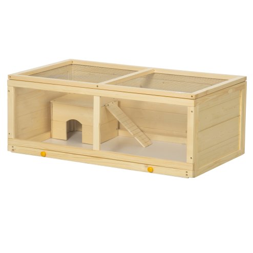 PawHut Wooden Hamster Cage, Small Animal Cage with Sliding Tray, Openable Top, Hut, Exercise Play House for Syrian Hamsters, Natural Wood Finish