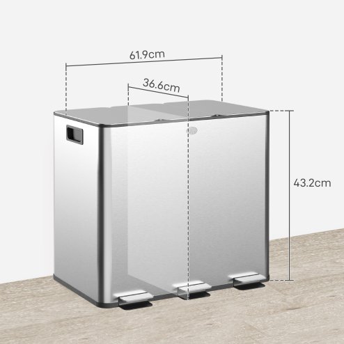 HOMCOM Triple Kitchen Bin, 3 x 15L Pedal Bin, Stainless Steel Three Rubbish Bin with Removable Inner Buckets, Soft Close Lid, Fingerprint-Proof for Recycling and Waste