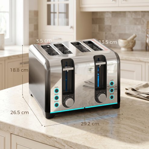 HOMCOM 4 Slice Toaster with 7 Browning Levels, Reheat, Defrost and Cancel Functions, Self-Centring Slots, Auto Shut-Off, Removable Crumb Tray, 1860W, Black