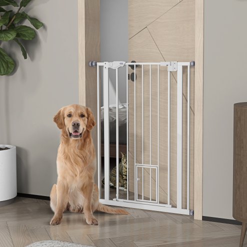 PawHut Extra Tall Dog Gate with Cat Flap, Pet Safety Gate for Doorways Stairs with Auto Close Double Locking, 104 cm Tall 74-80 cm Wide, White
