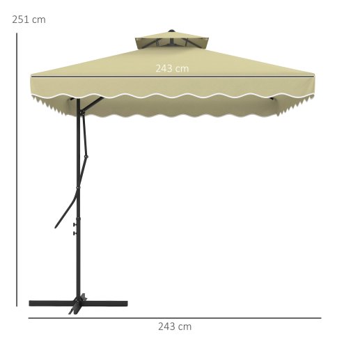 Outsunny 2.5m Cantilever Parasol with Easy Lever, Square Double Top Garden Parasol Umbrella with Ruffles and Cross Base, Overhanging Outdoor Sun Shades, Beige