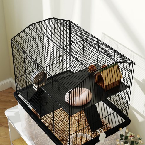 PawHut Hamster Cage, Gerbil Cage 3 Tier with Wheels, Deep Bottom, Ramps, Food Dish, Water Bottle, for Dwarf, Syrian, 57 x 43 x 74cm - Black