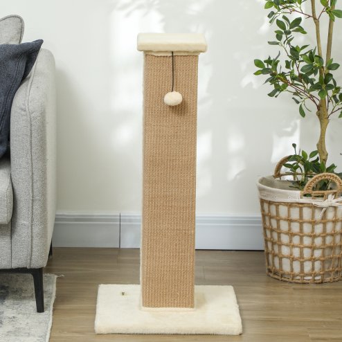 PawHut Cat Scratching Post for Indoor Cats, 81cm Cat Scratcher, Vertical Full Scratcher with Natural Jute Rope, Hanging Ball and Soft Plush, Beige