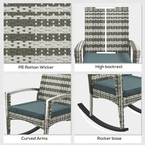 Outsunny PE Rattan Garden Rocking Chair, Outdoor Rocking with Cushion, 160 KG Capacity Wicker Garden Armchair Rocker with Metal Frame for Patio, Porch, Balcony, Light Grey