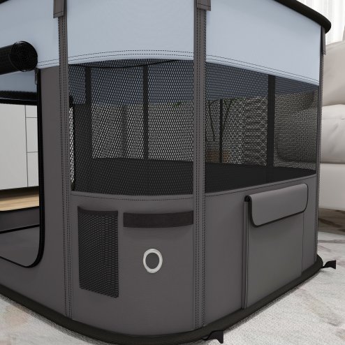 PawHut Dog Pen, Pet Playpen, Portable Foldable Dog Cat Playpen Soft Pet Cage with Storage Bag for Puppies, Rabbits, Kittens, Guinea Pigs, 94 x 74 x 60cm - Grey
