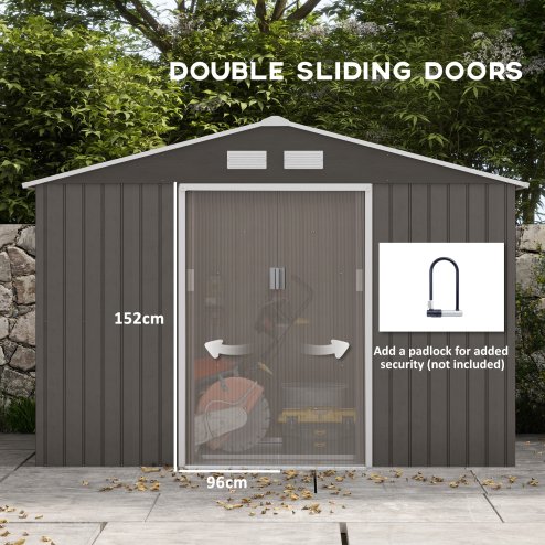 Outsunny 9 x 6ft Metal Garden Shed, Outdoor Storage Tool House with Ventilation Slots, Foundation Kit and Lockable Double Doors, Grey