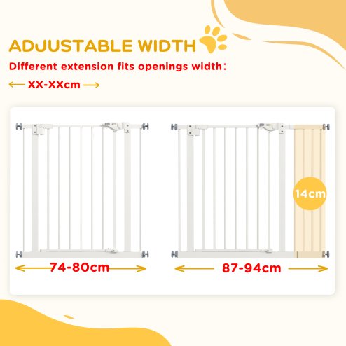 PawHut Dog Gate Stair Gate Pressure Fit Pets Barrier Auto Close for Doorway Hallway, 74-94cm Wide Adjustable, White