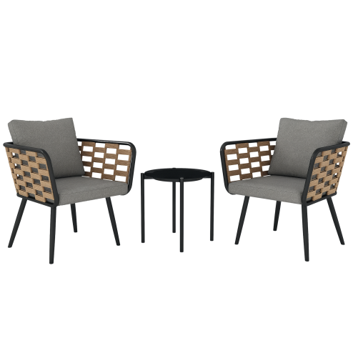 Outsunny 3 Pieces Rattan Bistro Set, Wicker Garden Furniture Set with Washable Seat and Back Cushions, Glass Top Coffee Table, for Outdoor, Patio, Black