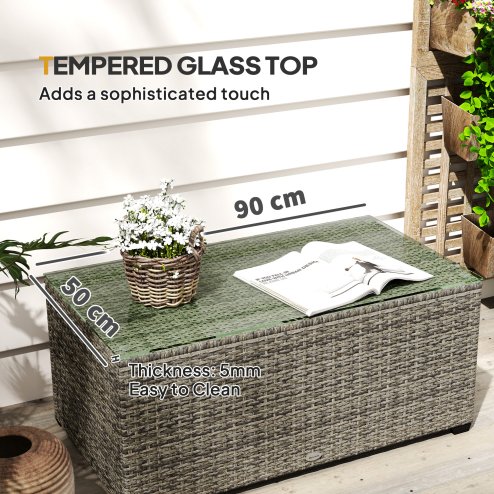Outsunny Outdoor Coffee Table, PE Rattan Side Table with Tempered Glass Top, Wicker Rectangular Garden Coffee Table End Table with Steel Frame for Patio, Balcony, 90 x 50 x 38cm, Dark Grey