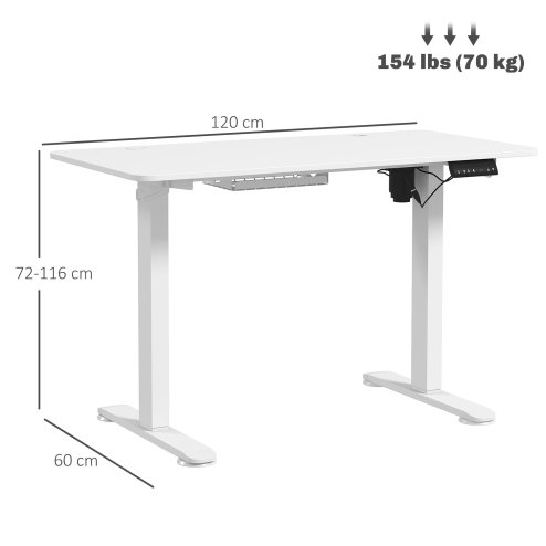 Vinsetto Electric Standing Desk, 120 x 60cm Height Adjustable Sit Stand Desk with 4 Memory Presets, Collision Avoidance and Overheat Protection for Home Office, White