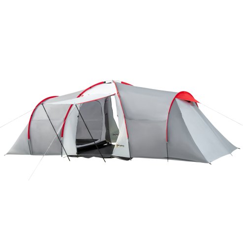 Outsunny 4-6 Man Tunnel Tent with 2 Bedroom, Living Area and Vestibule, Large Camping Tent, 2000mm Waterproof, UV50+, Portable with Bag, for Fishing Hiking Festival, Grey and Red
